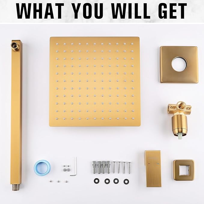 10 Inch Rainfall Shower Faucet Single Function Shower Trim Kit with Rough-in Valve Shower Set Square Stainless Steel Metal Touch-Clean Shower Head Brushed Gold