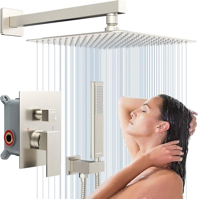 EMBATHER Shower System 12" Shower Faucet Set for Bathroom Luxury Rain Mixer Combo Set Wall Mounted Rainfall Square Shower Head, Easy Installation, Contain Rough-in Valve & Trim, Brushed Nickel