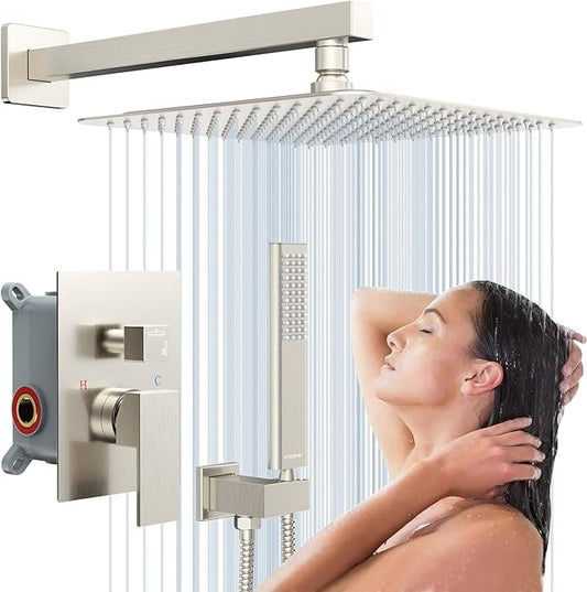 EMBATHER Shower System 12" Shower Faucet Set for Bathroom Luxury Rain Mixer Combo Set Wall Mounted Rainfall Square Shower Head, Easy Installation, Contain Rough-in Valve & Trim, Brushed Nickel