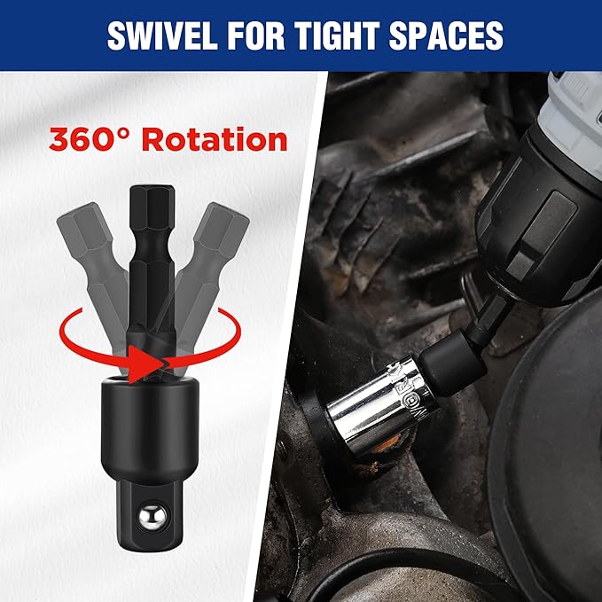 WORKPRO Impact Grade Socket Adapter Set (Basic/Swivel/Long), 1/4", 3/8", & 1/2" Drive, Extension Driver Bit With Case, for Power Drill to High Torque Impact Wrench, 9PCS