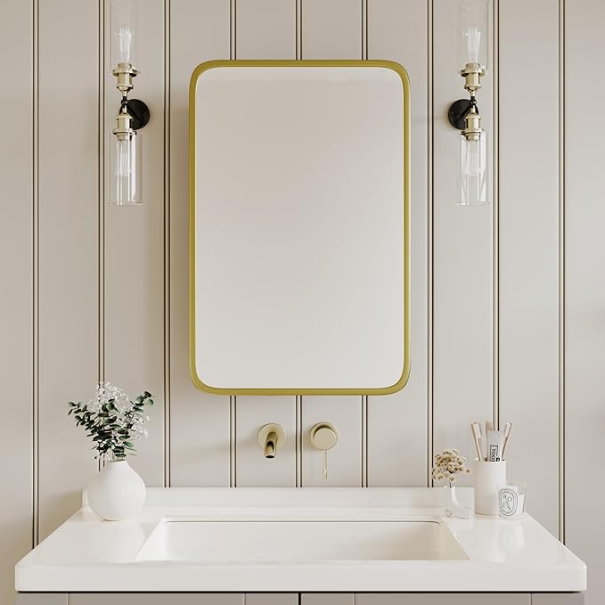Vintage-Style Bathroom Wood Black Cabinet with 16.5''x24'' Brushed Gold Metal Frame Curved Mirror, Recessed Medicine Cabinet, Bathroom Storage Cabinet