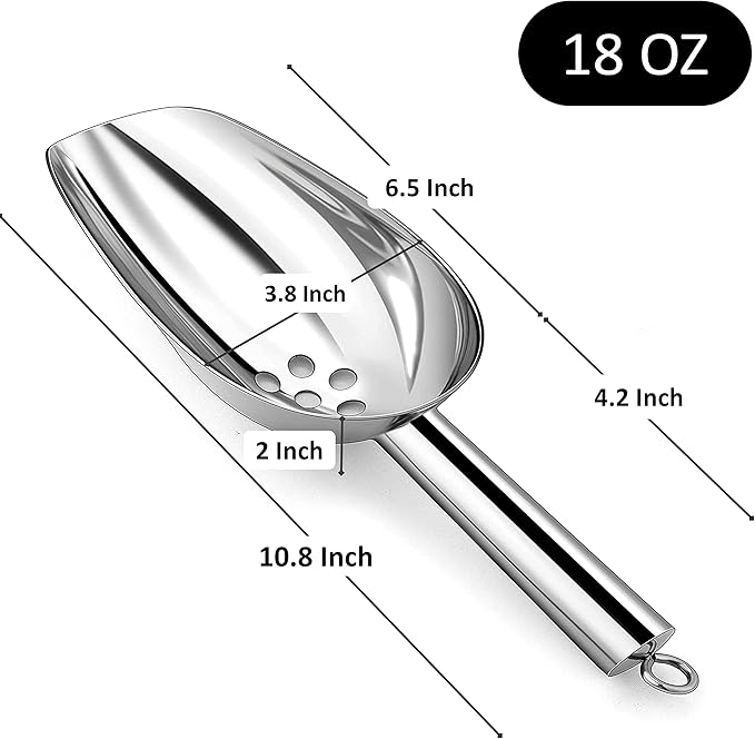 JBscoop Large Ice Scoop with Holes. Stainless Steel Ice Scoop with Drain Holes to Reduce Unwanted Dilution. Heavy Duty and Dishwasher Safe. Six Ounce Capacity.