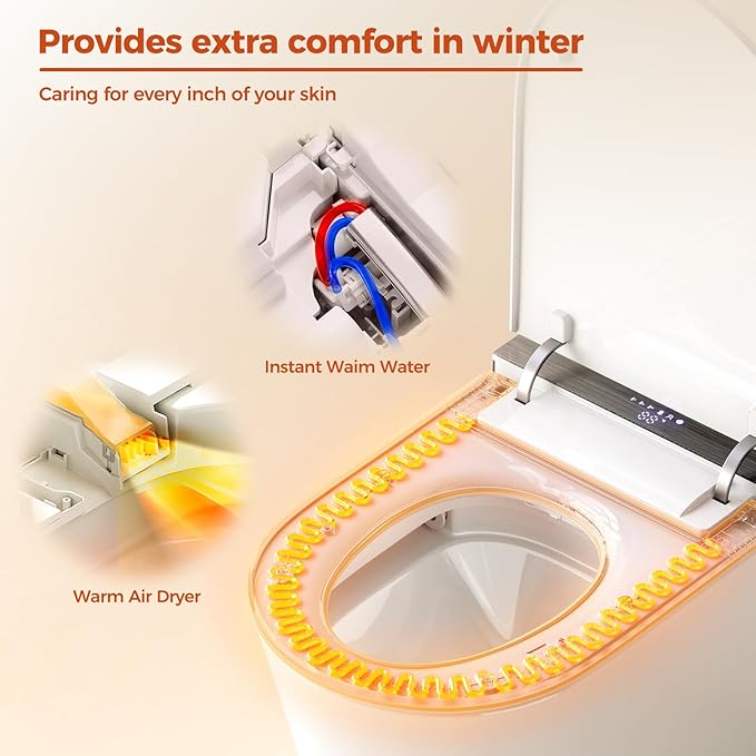 Smart Toilet, One Piece Toilet with Bidet Built in, Modern Tankless Toilet with Heated Toilet Seat, Bidet Warm Water, Dryer, Auto Toilet Flushing, Foot Sensor Operation