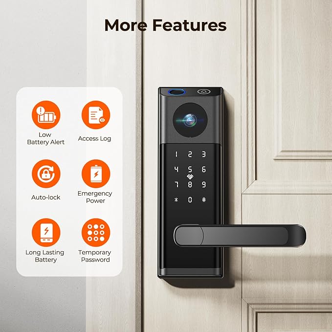 Video Smart Lock with Camera & Doorbell, 5-in-1 Keyless Entry Door Lock with Handle, Fingerprint+Keypad Code+App Remote Control+IC Card, Auto Lock, Wi-Fi Smart Deadbolt for Front Door, Apartment