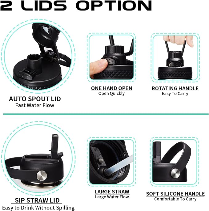 Vacuum Insulated Water Bottle 40oz - with Straw & Spout Lids, Paracord Handle, Shoulder Carrier Bag, Sport Stainless Steel , Double-wall Metal Water Bottle Thermo Hydro Mug Flask