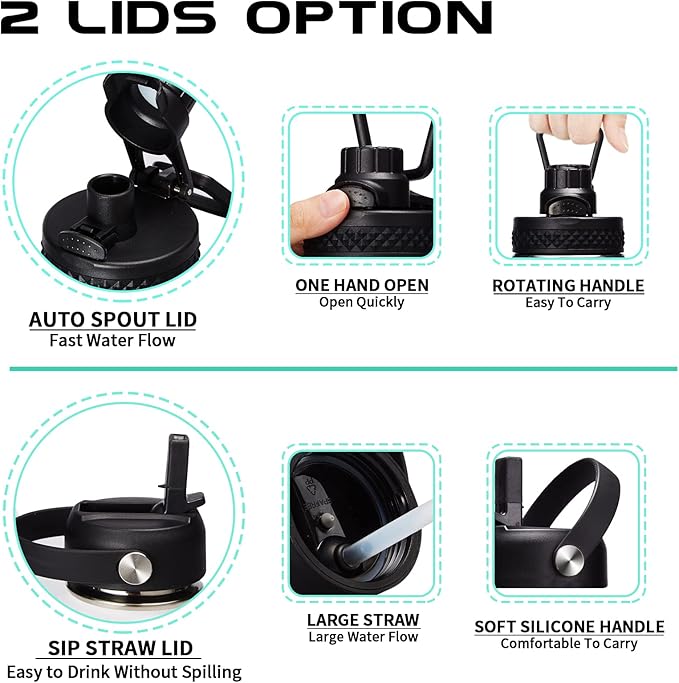 40 oz Insulated Water Bottle - Stainless Steel Water Bottles with Straw & Spout Lids, Paracord Handle, Carrier Bag with Strap, Protective Cup Mat, Keep Cold-48H & Hot-12H Metal Water Flask