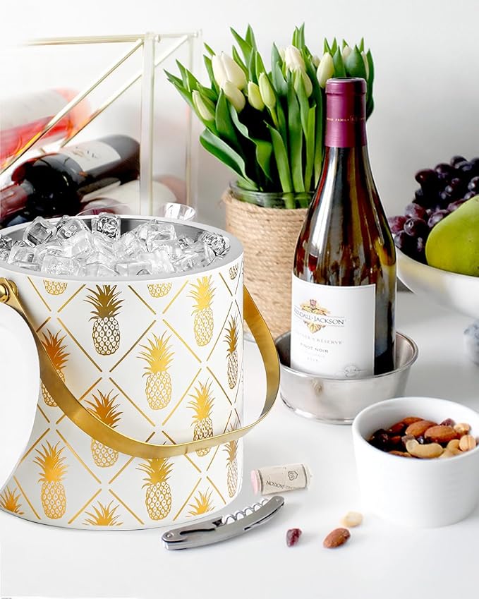 Ice Bucket for Parties with Lid, Strainer & Gold Ice Tongs, 3L Stainless Steel Insulated Champagne Buckets for Cocktail Tiki Bar, Pineapple Embossed White Ice Container Wine Drinks Chiller