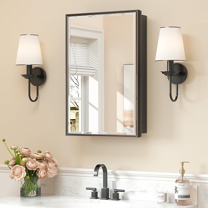 Keonjinn 17" x 25" Medicine Cabinets with Mirror for Bathroom, Oil Rubbed Bronze Recessed or Surface Wall-Mounted Aluminum Alloy Framed Beveled Mirror, Farmhouse Bathroom Mirror with Storage Cabinet