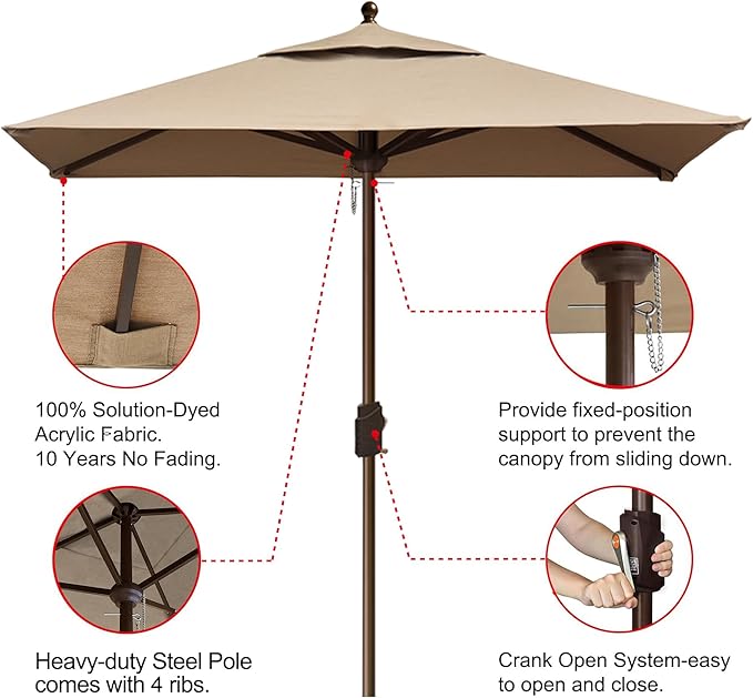 EliteShade USA 10-Year-Non-Fading 6x6Ft Square Market Umbrella Patio Outdoor Table Umbrella with Ventilation, Heather Beige