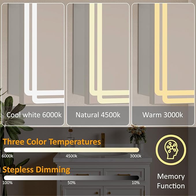 Buruis 48'' x 32'' Medicine Cabinet with Lights and Mirrors, Recessed or Wall Mounted Modern Bathroom Cabinet with 3-Mode Light, Anti-Fog, Dimmable, Memory Function, Outlet, Silver