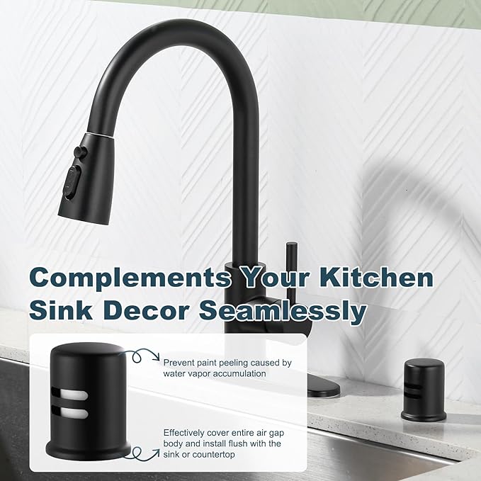 Dishwasher Air Gap Cover, Dishwasher Air Gap Cap for Kitchen Sink, Solid Brass Dishwasher Overflow Vent Cap Replacement Kit, Matte Black