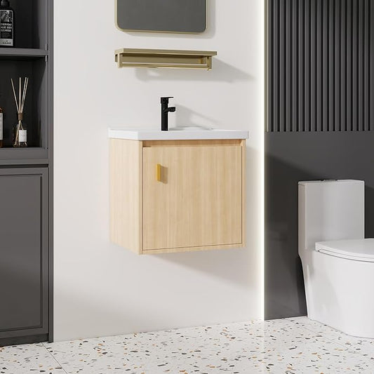 20'' Bathroom Vanity with Ceramic Sink Combo, Wall Mounted Small Bathroom Vanity with Soft-Close Door Modern Floating Cabinet, Pop-up Drain, P-Trap Included, Walnut(No Faucet)