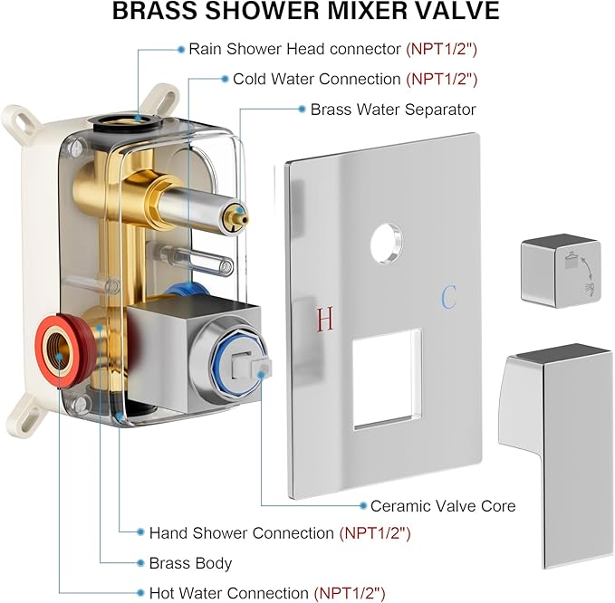 Shower Faucet Set Bathroom Square Rain Shower Head and Handle Set, Wall Mounted Shower Fixtures, Full Metal Trim Repair Kit 12 inch Polished Chrome (With Shower Valve)