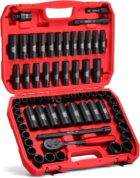 KBOISHA 1/2" Master Drive Impact Socket Set,65-Piece 6 Point Socket Set Standard SAE and Metric Sizes CR-V Steel Sockets with Adapters & Ratchet Handle