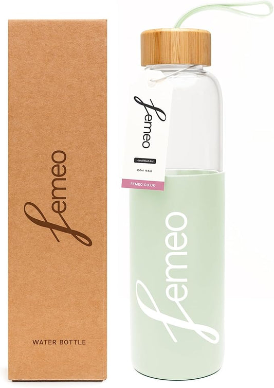 Femeo® Glass Water Bottle for Women | Eco, Yoga & Gym Friendly, 18oz | 100% Leakproof, BPA-Free, Dishwasher Safe, Borosilicate Drinking Glass Bamboo Sports Cap Mint