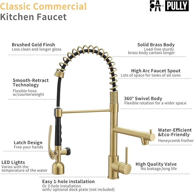 Fapully Single Handle High Arc Brushed Gold Pull Down Kitchen Faucet LED,Single Level Kitchen Sink Faucets with Pull Down Sprayer