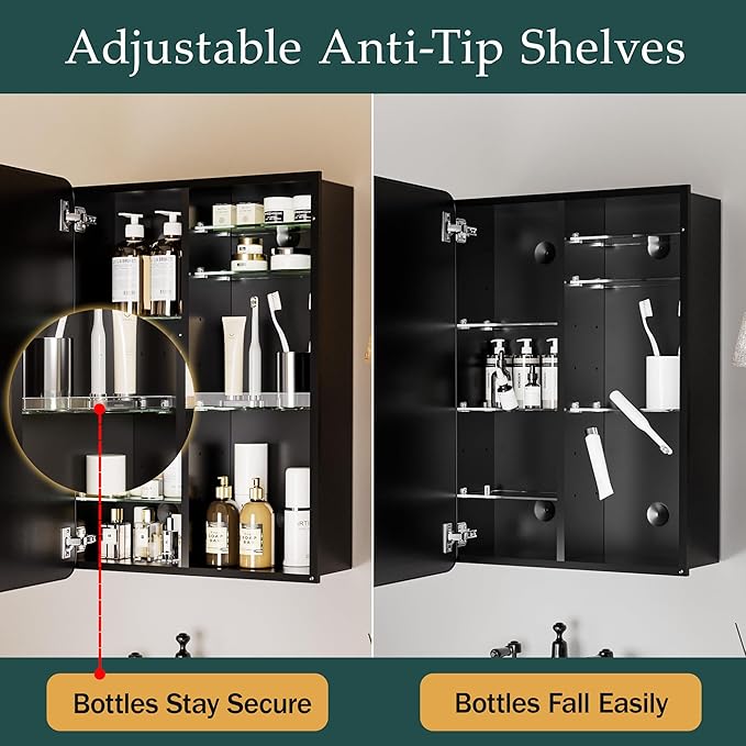 Black Medicine Cabinet with Mirror for Bathroom:20x26 Inch Small Mirrored Vanity Storage with Adjustable Shelves-Surface or Recessed Wall Mount-Matte Black Frame