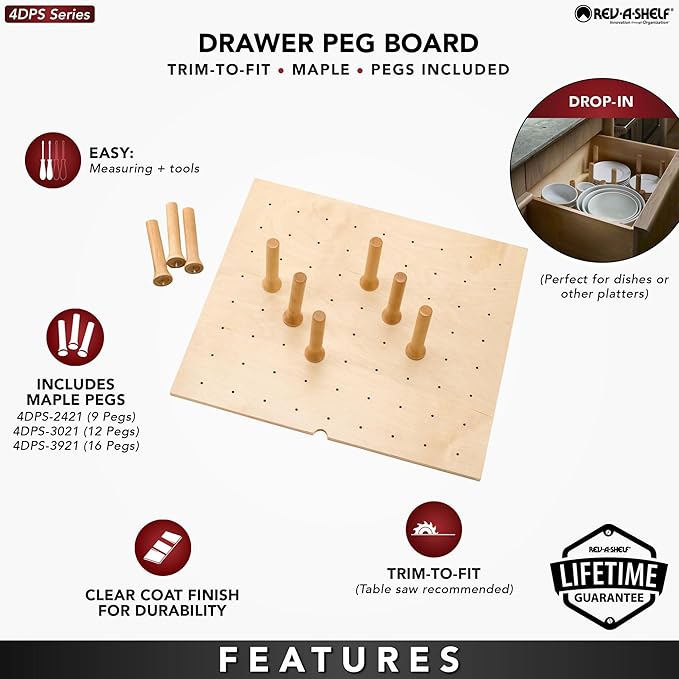 Rev-A-Shelf Trimmable Pegboard Drawer Divider Organizer, Trim to Fit Wooden Kitchen Cabinet Storage Utensil, Pots & Dish Rack, 30" x 21", 4DPS-3021