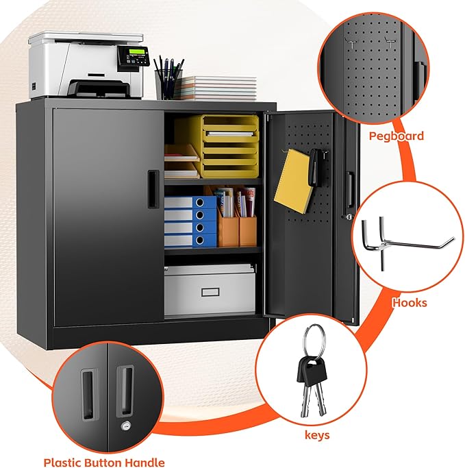 Metal Storage Cabinets with Pegboards and Hooks, 31.5" H Metal Garage Cabinets with Locking Doors and 2 Adjustable Shelves for Home,Office,Garage,School,Assembly Required,Black