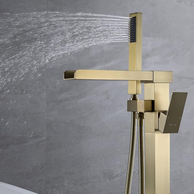 TapLong Freestanding Tub Faucet，Waterfall Tub Filler Freestanding Bathtub Faucet Brushed Gold Single Handle Stand Alone Brass Bathtub Faucet with Hand Held Shower, 51001ZBGG