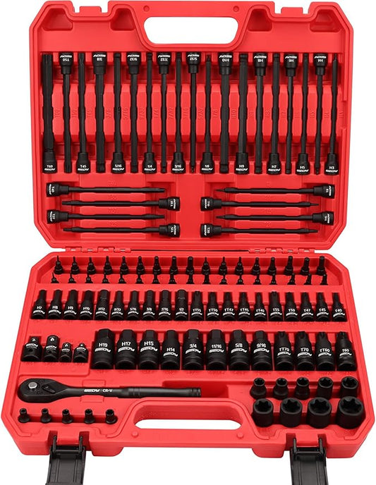 112-Piece Torx and Allen Bit Socket Set, 1/4", 3/8",1/2" Drive Bit Socket Set with Quick-Release Ratchet Wrench, Adapters, Extra long torx/Tamper proof torx/Hex/Ball End Hex/E-Trox,SAE/Metric,S2 Steel
