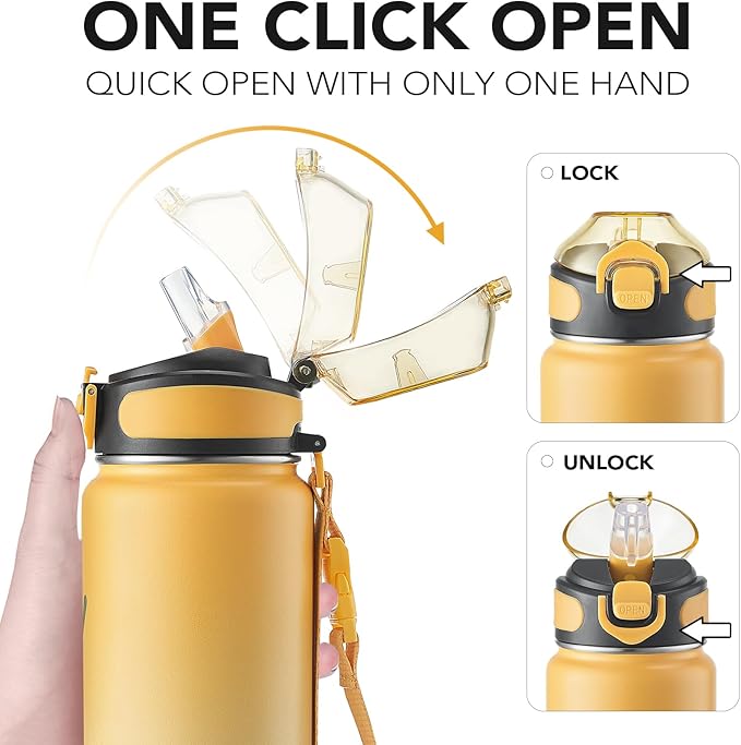 Enerbone Insulated Water Bottle, 32 oz Stainless Steel Water Bottles with Carrying Strap, Double-Wall Vacuum Insulation Thermos, Leakproof Sports Bottle with Straw, Keep Drinks Hot or Cold for Hours