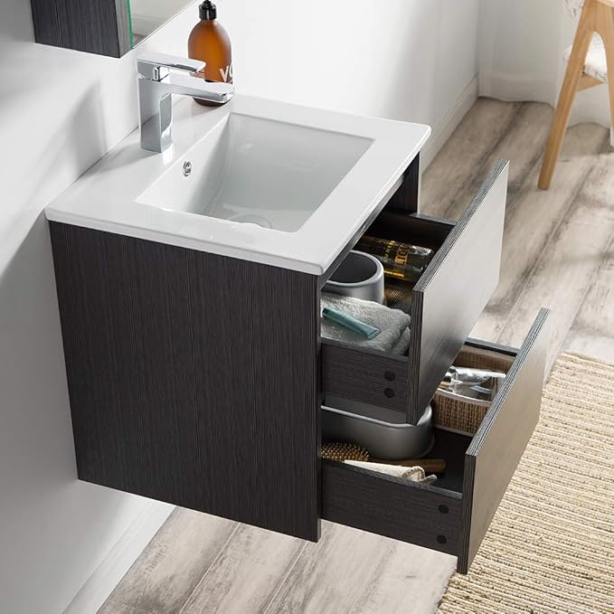 Blossom Single Bathroom Vanity with Ceramic Sink and Mirror Medicine Cabinet | All Wood Floating Vanity Cabinet | 2 Soft-Closing U-Shaped Cutout Drawers | 20 inch, Silver Grey