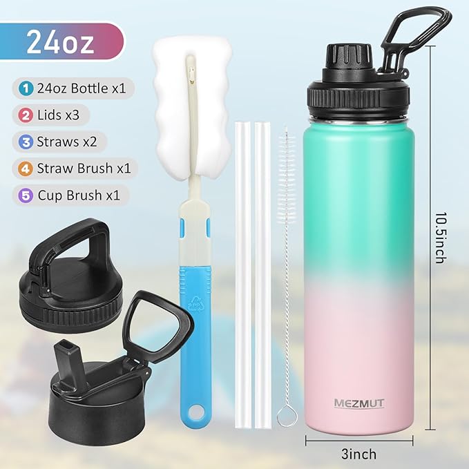 Insulated Water Bottle 24oz Stainless Steel Water Bottles with Straw&3 Lids Sports Metal Water Bottle Thermos Cup Double Walled Vacuum Insulated Bottles Leak-Proof Travel (Gradient Green Pink)