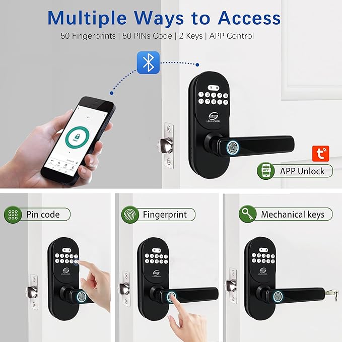 Smart Door Lock with Fingerprint and Keypad, Keyless Entry Deadbolt with Handle, APP Control and Auto Lock for Front Door, Easy Install for Home and Office, IP65 Weatherproof