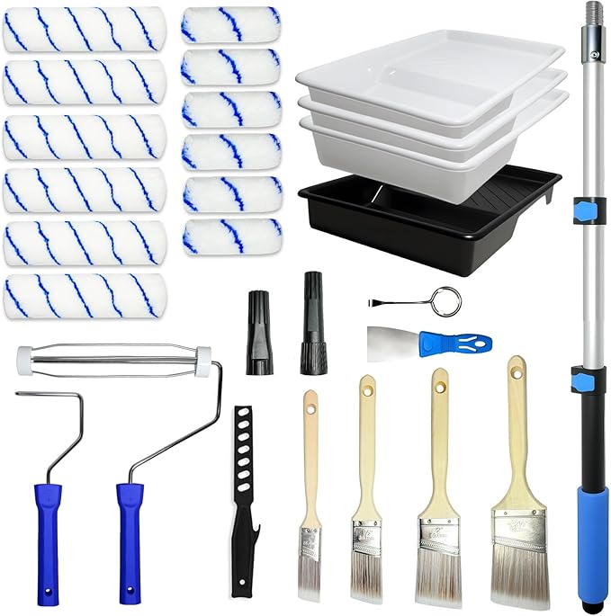 Paint Roller Extension Pole - 28PCS 3FT Telescoping Paint Roller Kit, Wall Painting Naps for Professionals with Brush Microfiber Roller Cover for House Wall