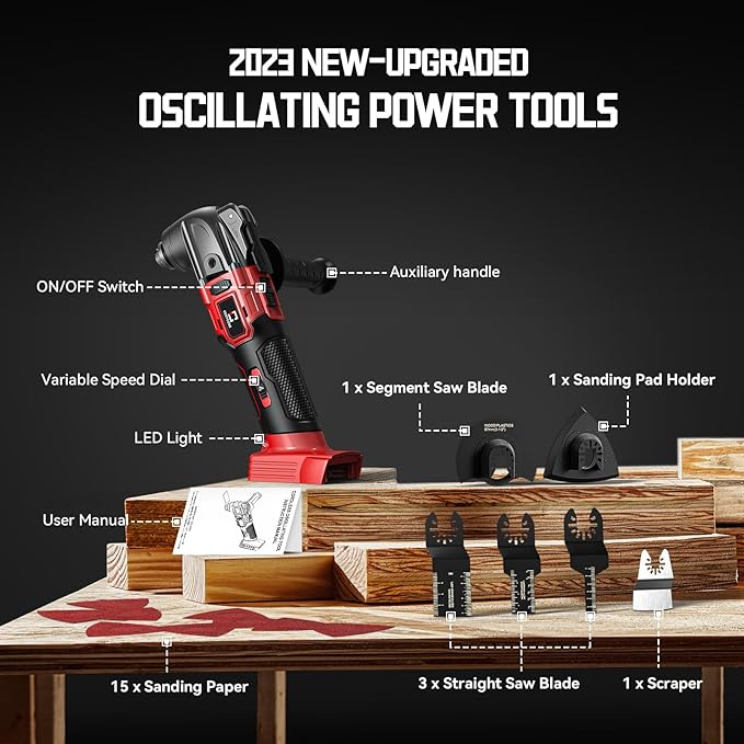 Cordless Oscillating Tool Compatible with Milwaukee 18V Battery, 21000 OPM Max Brushless-Motor Tool with Auxiliary Handle, Oscillating Multi-Tool for Scraping, Sanding,Cutting Wood(Tool only)