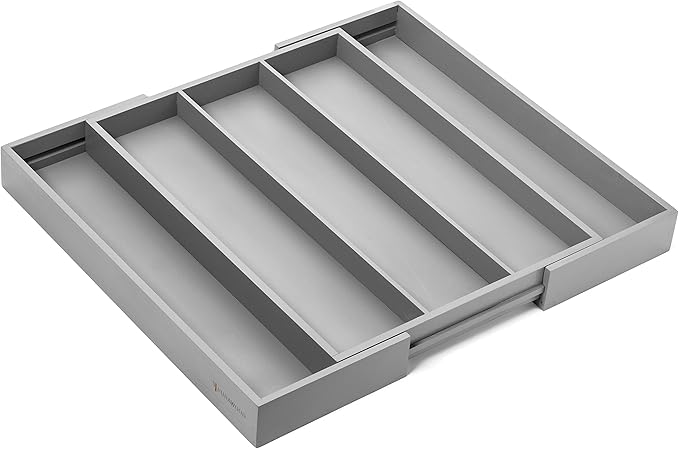 Purawood - Large Premium Bamboo Silverware Organizer - Expandable Kitchen Drawer & Utensil Organizer, 17" x 19.75" Cutlery Tray with Drawer Dividers for Kitchen Flatware (3-5 Slots) (Grey)