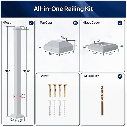 2.56 in x 2.56 in x 39 in White Aluminum Deck Railing Post with Screws & Drill, Outdoor Textured Powder-Coated Finish Stair Railing Post for Decks, Porches & Balconies (1x 39in Post)