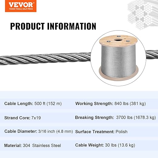 VEVOR 3/16 Stainless Steel Cable 500FT, T304 3700 LBS Breaking Strength Cable Railing System Wire Rope Aircraft Deck Railing Kit Fence Wire