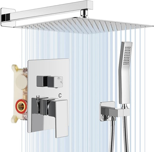 NERDON Shower System, 12 Inch Polish Chrome Luxury Rain Shower Head with Handheld Combo Set, Wall Mounted High Pressure Dual Shower Head System, Bathroom Shower Faucet set with Valve Body and Trim