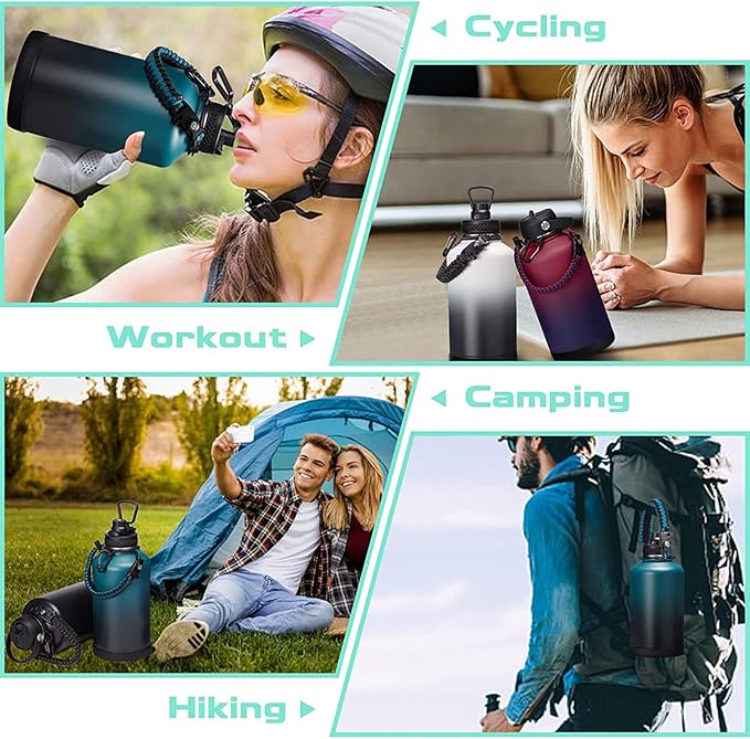 Half-gallon Insulated Water-Bottle with Straw - Stainless Steel Thermo Jug with Spout Straws Lids, Paracord Handle & Bottle Sleeve, 64OZ Vacuum Thermo Bottle for Outdoor Working Camping Trip