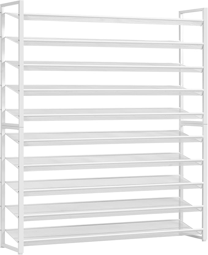 Shoe Rack, Long Shoe Organizer,Max Holds 62 Pairs,10 Tier Metal Shoe Storage Shelf,5-Tier Stackable Shoes Organizer for Garage, Entryway,White