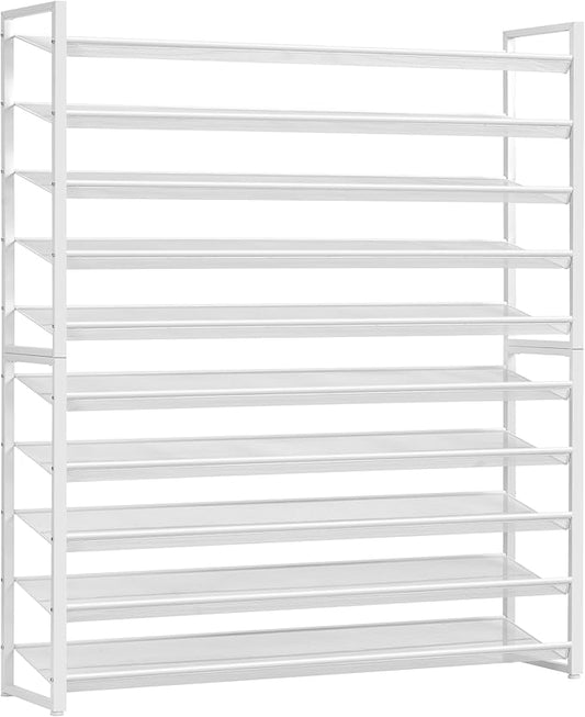Shoe Rack, Long Shoe Organizer,Max Holds 62 Pairs,10 Tier Metal Shoe Storage Shelf,5-Tier Stackable Shoes Organizer for Garage, Entryway,White