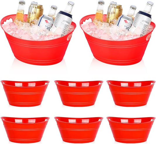8Pcs Ice Bucket, Plastic Ice Buckets for Parties, Drink Buckets with Handles Beverage Buckets Oval Storage Plastic Tub for Wine Beer Champagne Bottles, 4.3Liter (set-3-red)