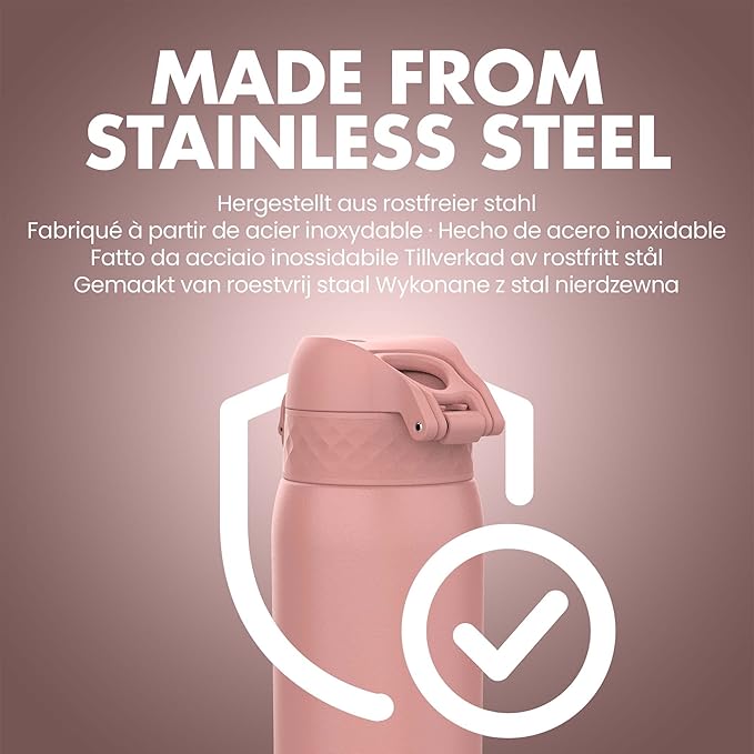 Ion8 Kids Water Bottle, Steel 400 ml/13 oz, Leak Proof, Easy to Open, Secure Lock, Dishwasher Safe, Flip Cover, Carry Handle, Easy Clean, Durable, Scratch Resistant, Carbon Neutral, Ash Rose Pink