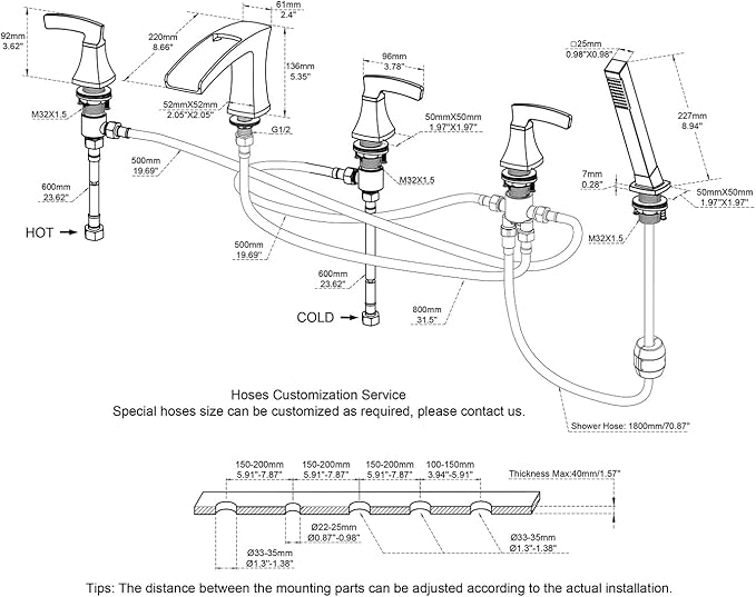 Roman Tub Faucet Waterfall Tub Filler Brushed Gold Deck Mount Bathtub Faucets 5 Hole Brass Bathroom Faucets with Hand Shower