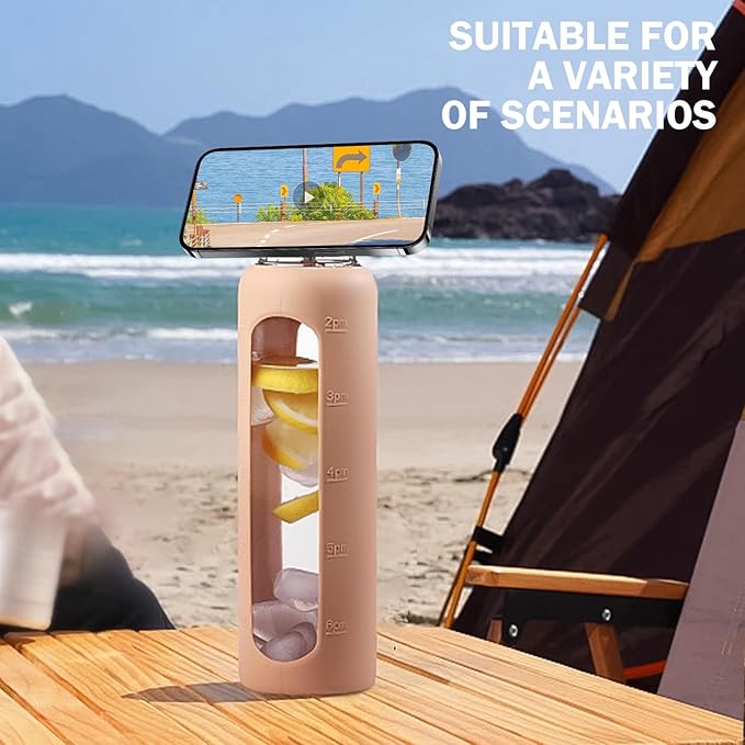 Glass Water Bottles with Straw -32oz- Water Bottle Phone Holder for Gym Large Motivational Water Bottle with Time Marker Glass Drinking Bottles 2 Lids - Spout & Bamboo Straw Lid(Amber)