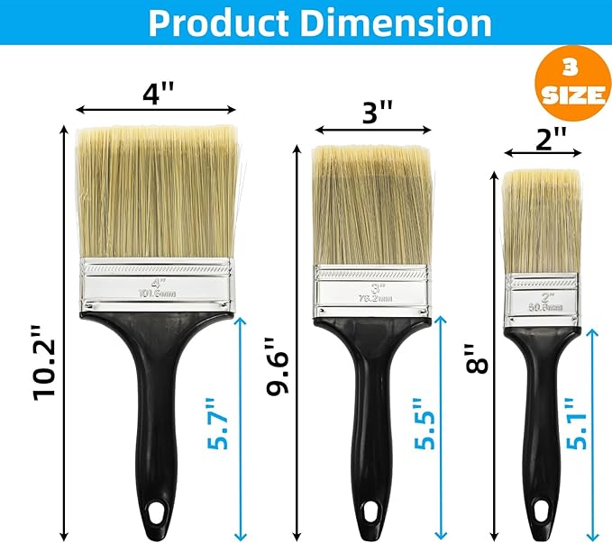 9 Pack Paint Brushes for Wall, 2'' 3'' 4'' Latex Oil Paints Flat Brush with Treated Plastic Handle Thick Soft Bristles, Chip Wood Stain Brush Tool for DIY Paint,Fence,Deck, Wall Trim