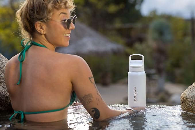 LifeStraw Go Series – Insulated Stainless Steel Water Filter Bottle for Travel and Everyday use removes Bacteria, parasites and microplastics, Improves Taste, 24oz Polar White