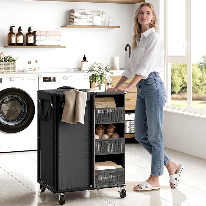 WOWLIVE Laundry Sorter with Wheels 100L Rolling Laundry Hamper with Hanging and Removable Bag Laundry Cart with Steel Frame and Storage Unit Large Basket Organizer for Dorm Room, Bathroom (Black)