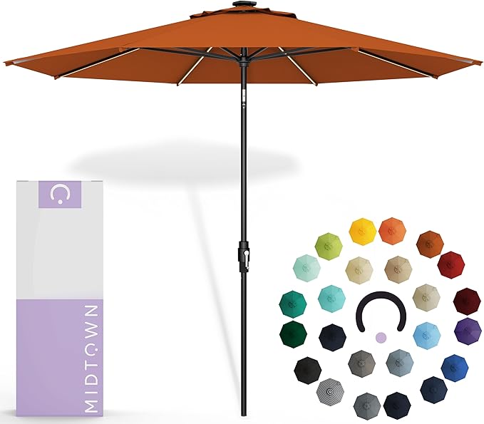 Midtown Umbrellas Led Swilt Sunbrella Umbrella, 8 Foot Patio Umbrella In Terracotta Acrylic Fabric - Deck Patio Umbrella, Backyard Umbrella, Garden Umbrella & Pool Umbrella - Black Pole