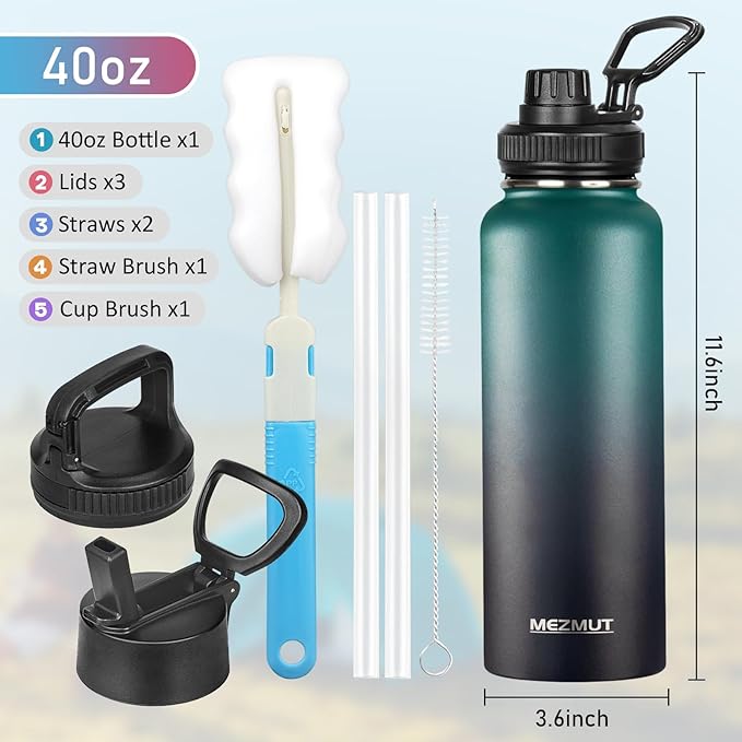 Insulated Water Bottle with Straw&3 Lids 40oz Stainless Steel Water Bottles Metal Water Bottle Double Walled Vacuum Insulated Bottles Thermos Leak-Proof Travel Thermal (Gradient Green Black)