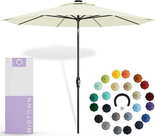 Midtown Umbrellas Led Swilt Sunbrella Umbrella 9 Ft Patio Umbrella With Sunbrella Canvas Natural Acrylic Fabric - Deck Patio Umbrella, Backyard Umbrella, Garden Umbrella & Pool Umbrella - Black Pole