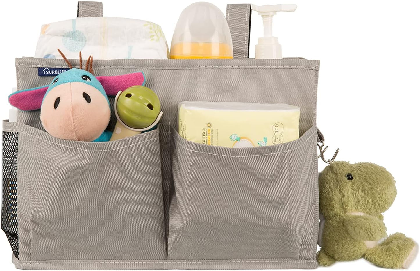 Surblue Bedside Caddy Hanging Bed Organizer Storage Bag Pocket for Bunk and Hospital Beds, College Dorm Rooms Baby Bed Rails,Camp 4 Pockets and 2 Hooks (Gray)