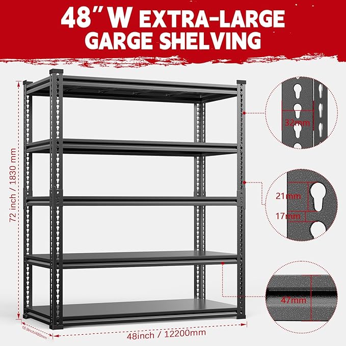 Heavy Duty Garage Shelving Unit 3000LBS, Adjustable 5-Tier Storage Rack with Boltless Design, 48" W*18.9" D*72" H Metal Shelves for Basement, Garage & Warehouse Storage